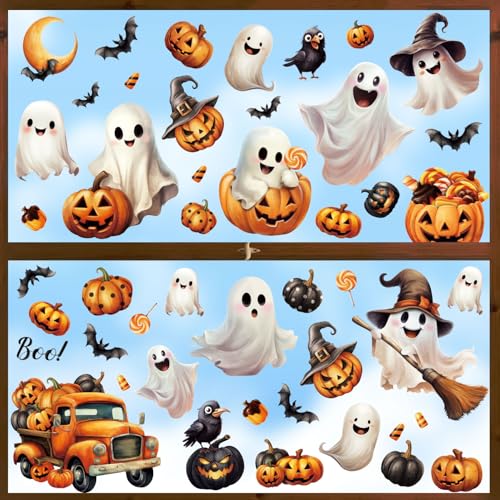 Halloween Window Clings Set - Ghost Pumpkin Bat Reusable PVC Decals for Party & Decoration