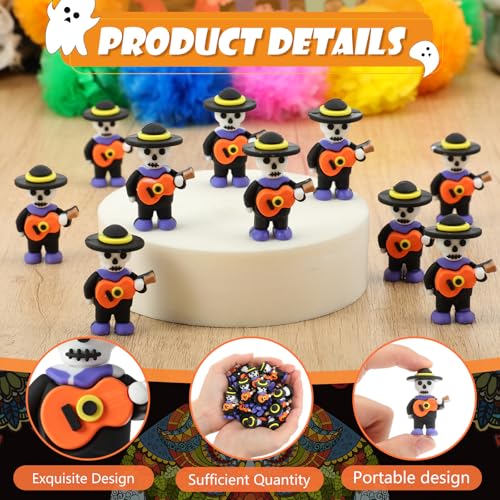 Day of the Dead Skeleton Figurines Set - 50 Mini Mariachi Skeleton Statues with Guitars - Halloween Decor