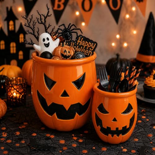 Yellow Halloween Ceramic Pumpkin Utensil Crock Set - Large & Small Kitchen Organizer with Jack O Lantern Design