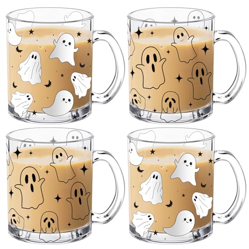 Halloween Ghost Glass Coffee Mug Set - 4 Pcs 12oz Spooky Ghost Pattern Drinkware