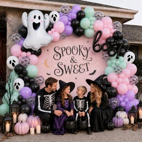Halloween Balloon Garland Arch Kit with 3D Bat Stickers and Ghost Balloons - Black Green Purple Pink Variation
