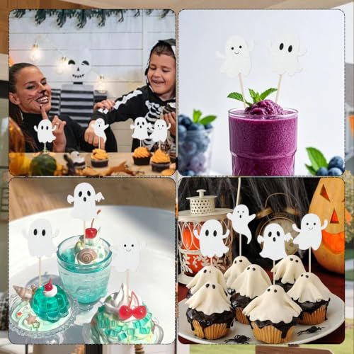 White Ghost Halloween Cupcake Toppers - 24 Pcs Glitter Cake Picks for Party