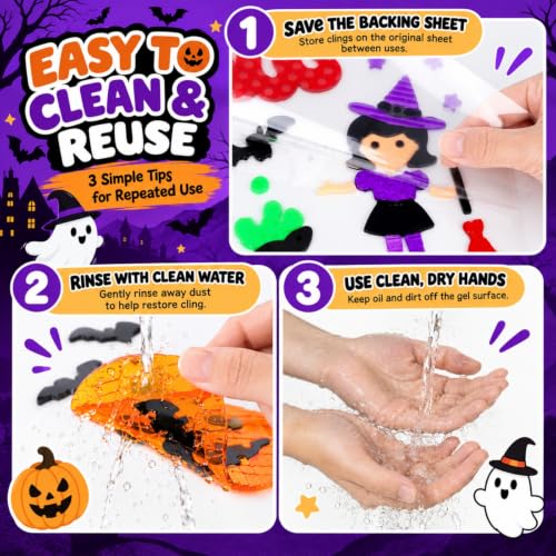 Halloween Window Gel Clings Set - Witch & Black Cat Decorations for Glass