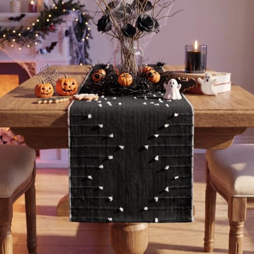 Black Farmhouse Cotton Woven Table Runner 12x60 Inch for Fall Halloween Holiday Dining