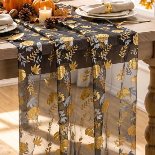 Artoid Mode Fall Gauze Table Runner 120 Inch Black Gold with Metallic Foil Leaves