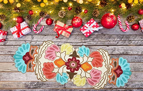 Hand Beaded Christmas Decor Runner - Blue Orange Multi 13x36 Inches, Festive Holiday Table Centerpiece