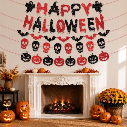 Halloween Banner with Glitter Bat Skull Pumpkin Decor - Pre-Strung Party Garland