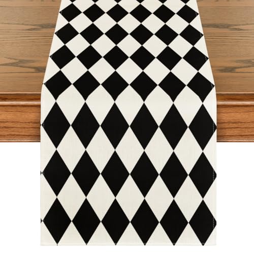 Black Beige Diamond Plaid Table Runner 13x72 Inch Seasonal Halloween Decor