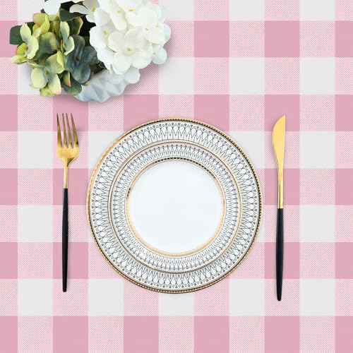 Pink and White Waterproof Vinyl Tablecloth - 102 x 60 Inches, Flannel Backed, Rectangular