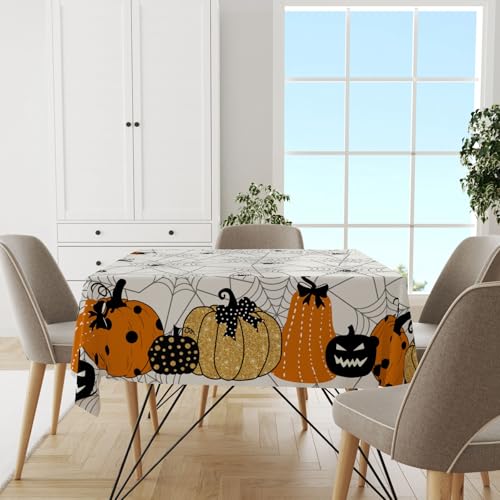 Halloween Tablecloth Square 52 Inch Spider Web Ghost Pumpkin Decor - Fall Autumn Party