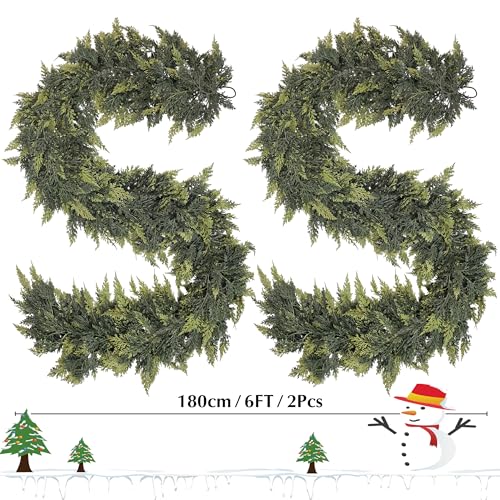 2Pcs 6Ft Faux Cedar Garland with Lights - Real Touch Christmas Decor Variation of Cedar-6Ft-2Pcs