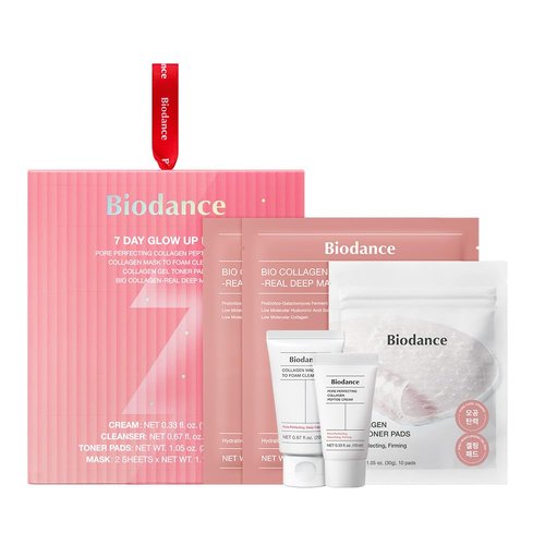 BIODANCE 7 Day Glow Up Kit: Collagen Gift Set for Glass-Skin, Korean Skin Care with Mask to Foam Cleanser, Toner Pads, Moisturizer, Gel Masks, Valentines Day Gifts for Her, Skin Care Set