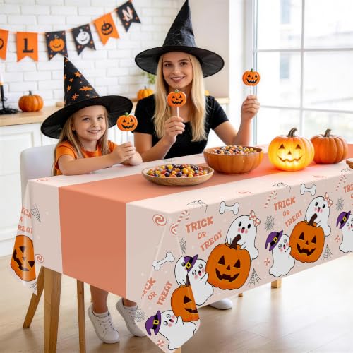 Childom Halloween Tablecloth 3 Pack Orange Ghost & Pumpkin Design - Rectangle Disposable Table Cover for Party