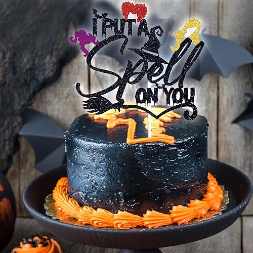 Halloween Witch Spell Cake Topper - Black Glitter Party Decor, 6x8.7 Inches