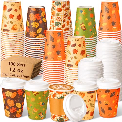 Orange Cartoon Fall 12oz Coffee Cups with Lids and Sleeves Bulk Set