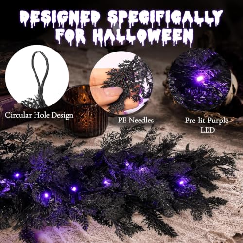 Black 9FT Pre-Lit Halloween Garland with Lights for Indoor Outdoor Decor