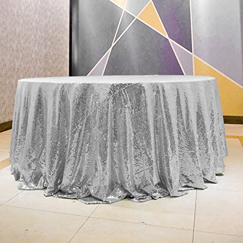 Silver Sequin Round Tablecloth - 132 Inch Glitter Cover for Weddings & Events
