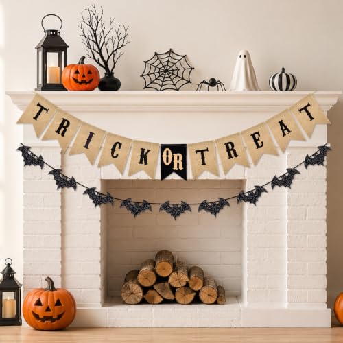Halloween Trick or Treat Banner & Bat Garland - Burlap & Glitter Decorations