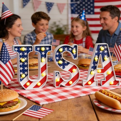 Patriotic USA Marquee Light Letters for 4th of July Decorations - Indoor Outdoor LED Sign