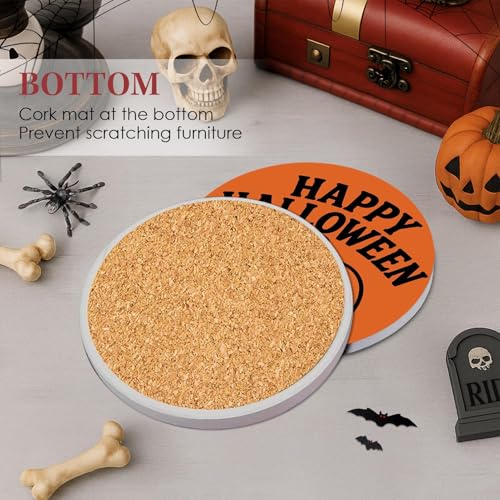 Halloween Ghost & Skeleton Coasters Set of 6 - Ceramic Stone Drink Protectors with Cork Bottom & Holder - Skeleton Castle Ghost Variation