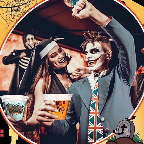 Halloween Party Cups Set - 100 Clear 9 oz Disposable Plastic Cups with Spooky Designs