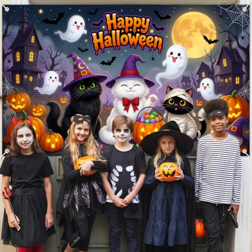 Mocsicka Cute Boo Cats Halloween Backdrop Banner 6x3.6ft for Kids Party