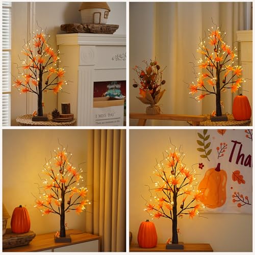 2ft Artificial Fall Maple Tree with 72 LED Lights - Warm White, Battery & USB Powered