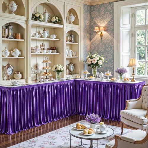 9ft Purple Satin Table Skirt for Rectangle Tables - Wrinkle Resistant Pleated Ruffle for Weddings & Events