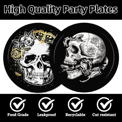 Black Skull Party Plates and Napkins Set for 20 Guests Dia De Los Muertos Halloween
