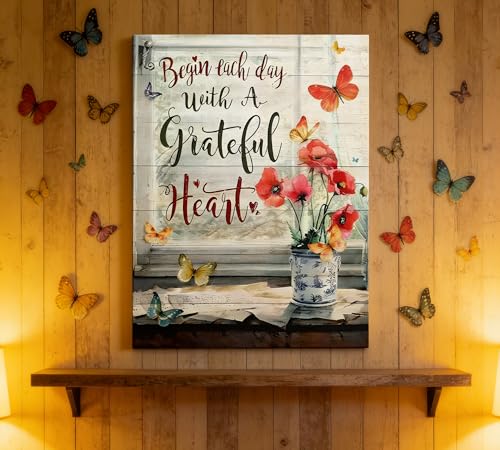 Wrapped Canvas Wall Art - Red Flower Butterfly Poppy Painting 16x24 Inches - Farmhouse Home Decor