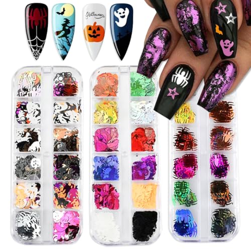 Halloween Nail Art Sequins Set - 3 Boxes 3D Holographic Spider Pumpkin Ghost Skull Style-03