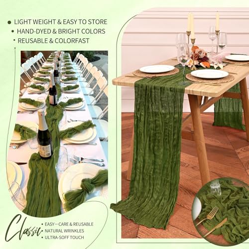 Olive Green Cheesecloth Table Runners Set - Boho Wedding Decor, 2 Pack