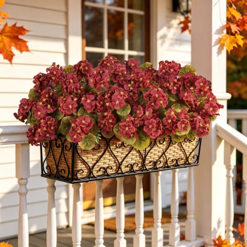 Artificial Fall Flowers for Outdoors - 6PCS Silk Geraniums - Dark Red - Seasonal Autumn Decor