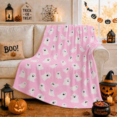 Cute Ghost Halloween Throw Blanket - Pink 50x60 Inches for Women Men