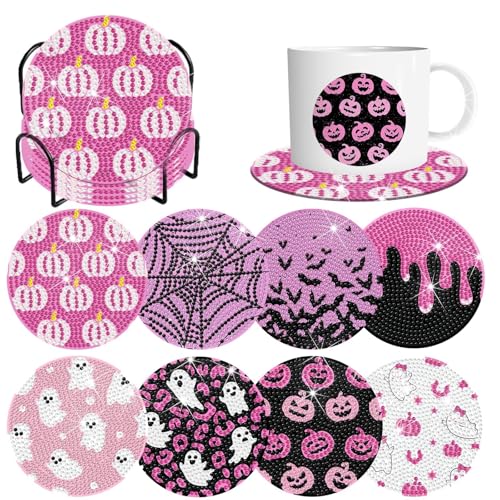 Pink Halloween Diamond Art Coaster Kit with Holder - DIY 8 Pcs for Adults