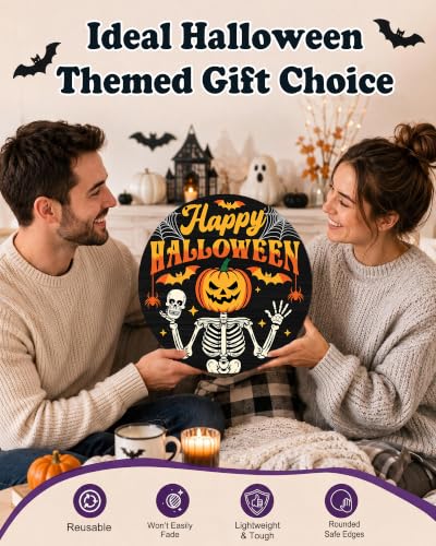 Halloween Wooden Door Sign - Skeleton Pumpkin Spooky Holiday Decor 12x12 Inches