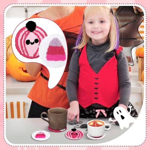 Halloween Tufted Coasters Set - Pink Ghost Pumpkin Drink Mats, 8 Pack