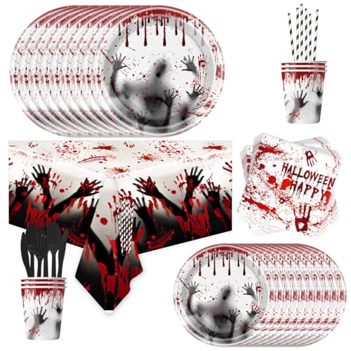 Halloween Bloody Tableware Set with Plates Cups Napkins & Banner - 107 Pieces