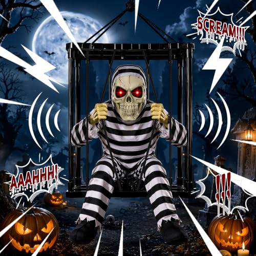 Outdoor Halloween Skeleton Decor with Motion-Activated Skull Prisoner