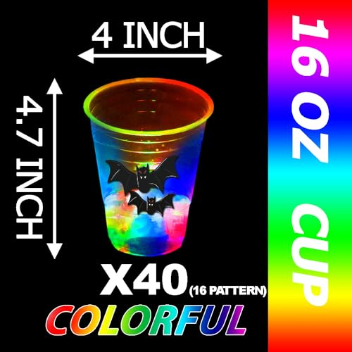 40 Pcs Glow in The Dark Halloween Party Cups - Pumpkin Bat Ghost Theme, 16oz Plastic Drinkware with LEDs & Stickers - Mishunyus