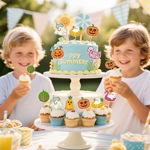 Spooky Summer Cake Toppers Set - 40 Assorted Halloween & Beach Decorations