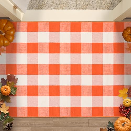 Fall Buffalo Plaid Rug 3x5 Ft - Orange White Indoor Outdoor Rug - Variation: 3' x 5' Rectangular, Orange & White