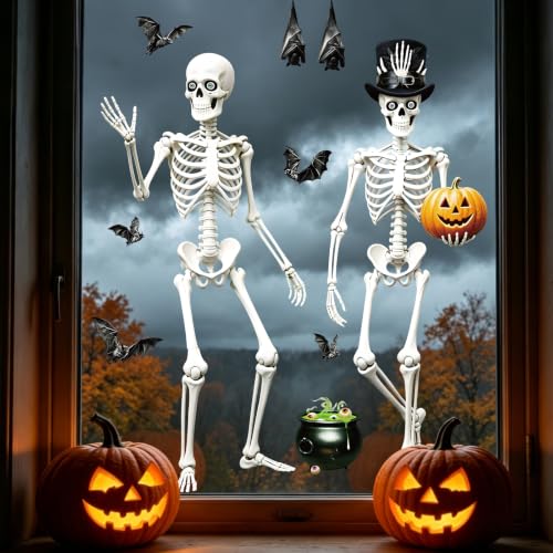 Halloween Window Clings - Large Retro Skull Pumpkin Bat Stickers - Split Skull Variation, Reusable Decals for Home & Party Decor