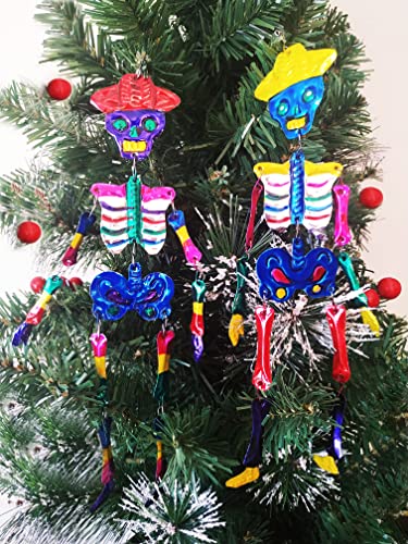 Mexican Tin Ornaments - Day of The Dead Skeleton Decorations for Christmas & Halloween