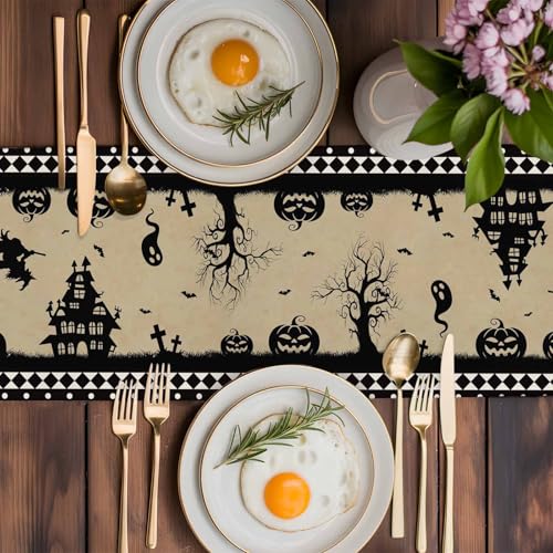 Halloween Table Runner 13x90 Inch Haunted House Pumpkin Decor for Festive Dining