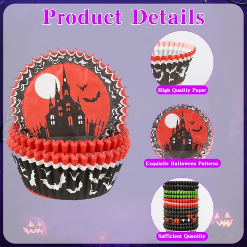 Halloween Cupcake Liners 300 Pack - Pumpkin Skull Spiderweb Designs for Baking & Parties