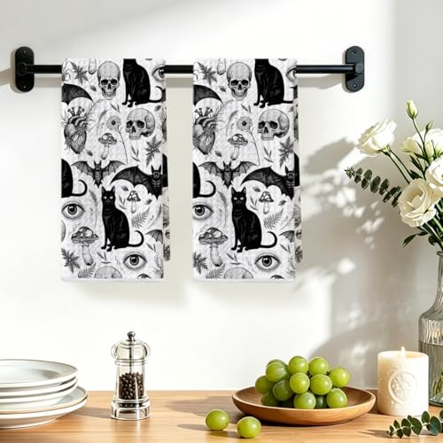 2 Pcs Skeleton Cat Kitchen Towels - Mushroom Microfiber Tea Towels - Multi 1366