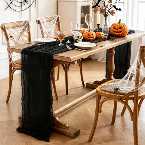 Black Halloween Table Runner 10ft Cheesecloth Boho Party Decor - 6 Pieces