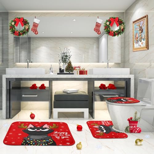 Britimes Christmas Reindeer Bath Rug Set of 3 Xmas 26 - Non-Slip Microfiber Bathroom Mats
