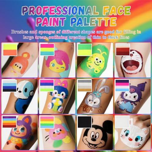 Water-Based Rainbow Face Paint Kit for Adults - 12 Colors & 4 Brushes, Halloween & Cosplay
